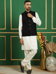 Men's Velvet Nehru Jacket With Solid Kurta Pyjama-JOKPWC-592W