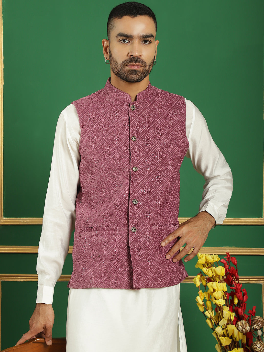 Magenta Velvet Nehru Jacket Mens Kurta Pajama Set