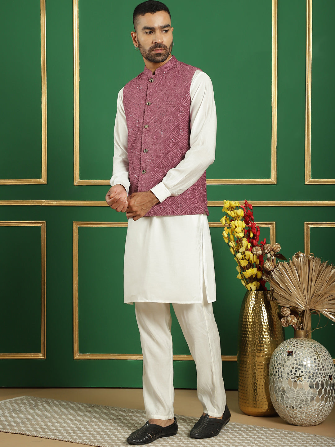 Magenta Velvet Nehru Jacket Mens Kurta Pajama Set