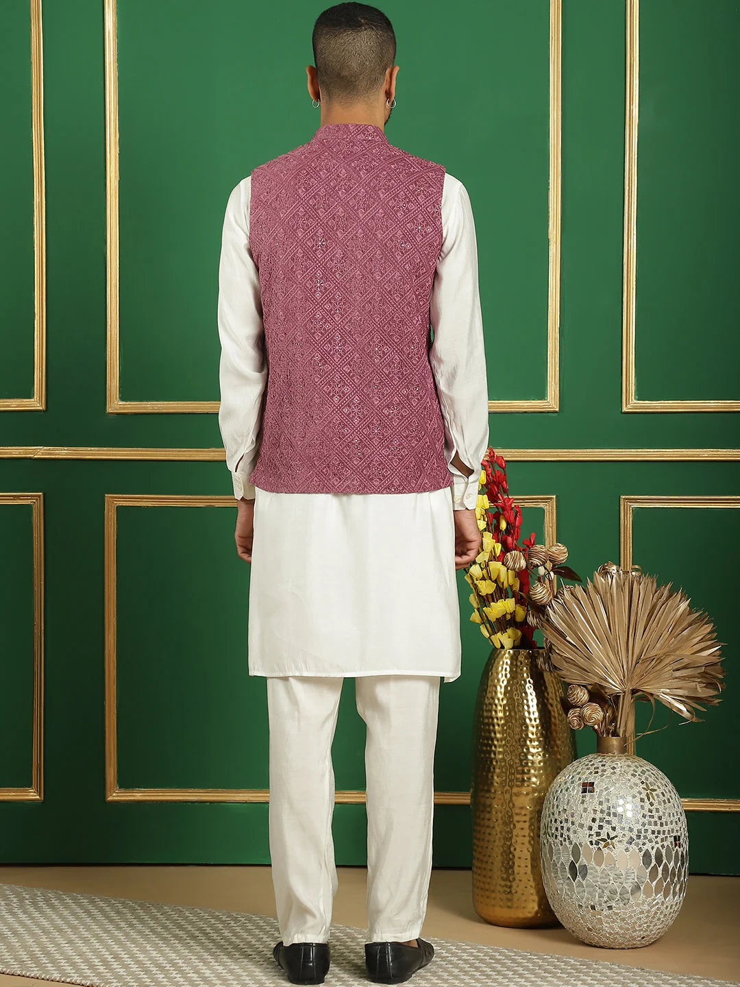 Magenta Velvet Nehru Jacket Mens Kurta Pajama Set