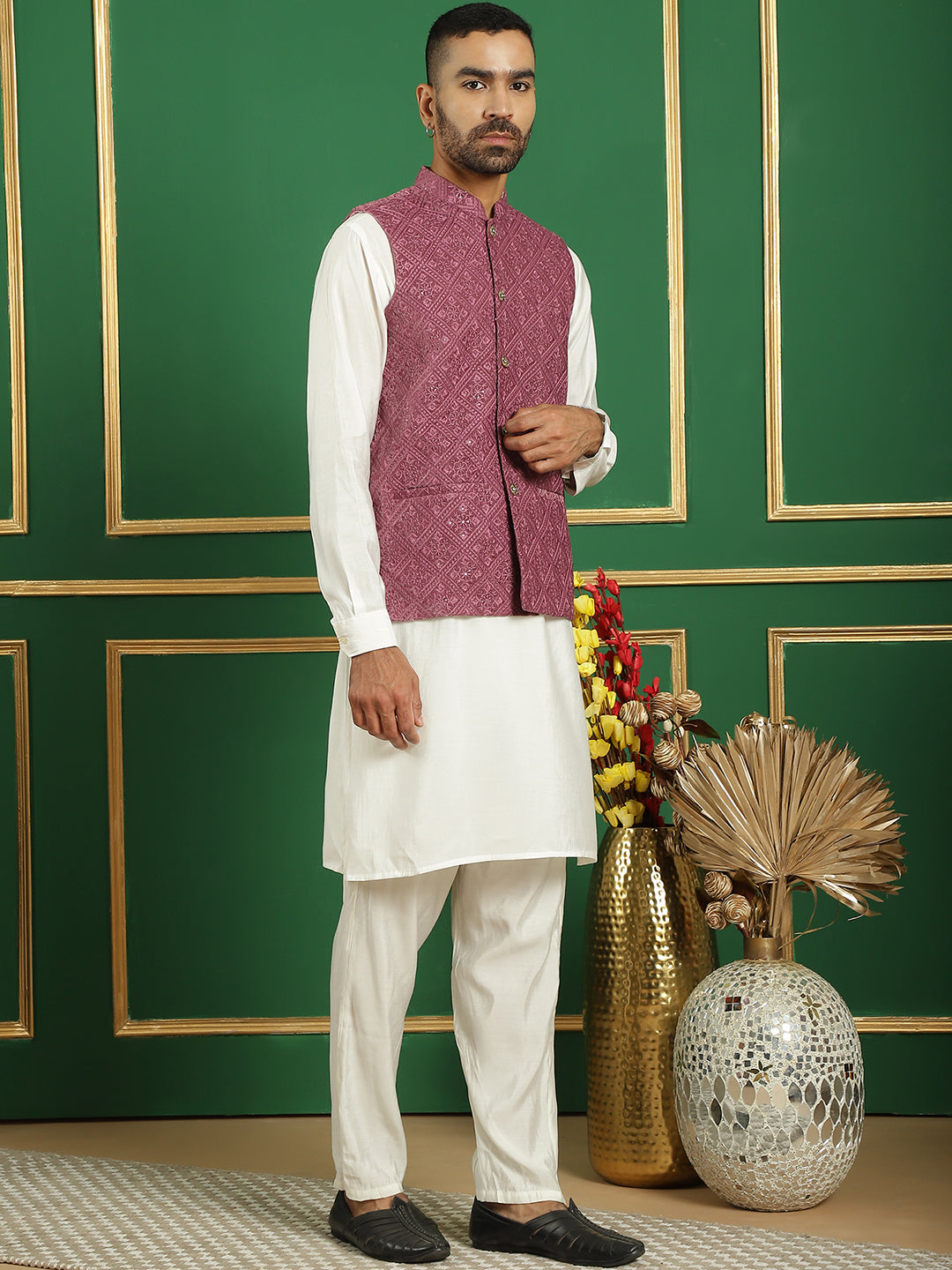 Magenta Velvet Nehru Jacket Mens Kurta Pajama Set