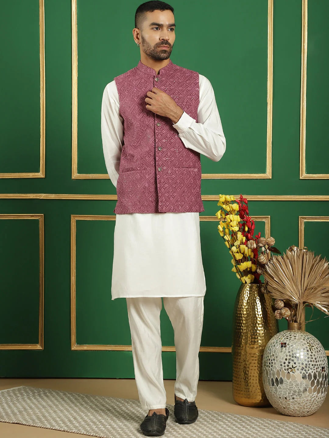 Magenta Velvet Nehru Jacket Mens Kurta Pajama Set