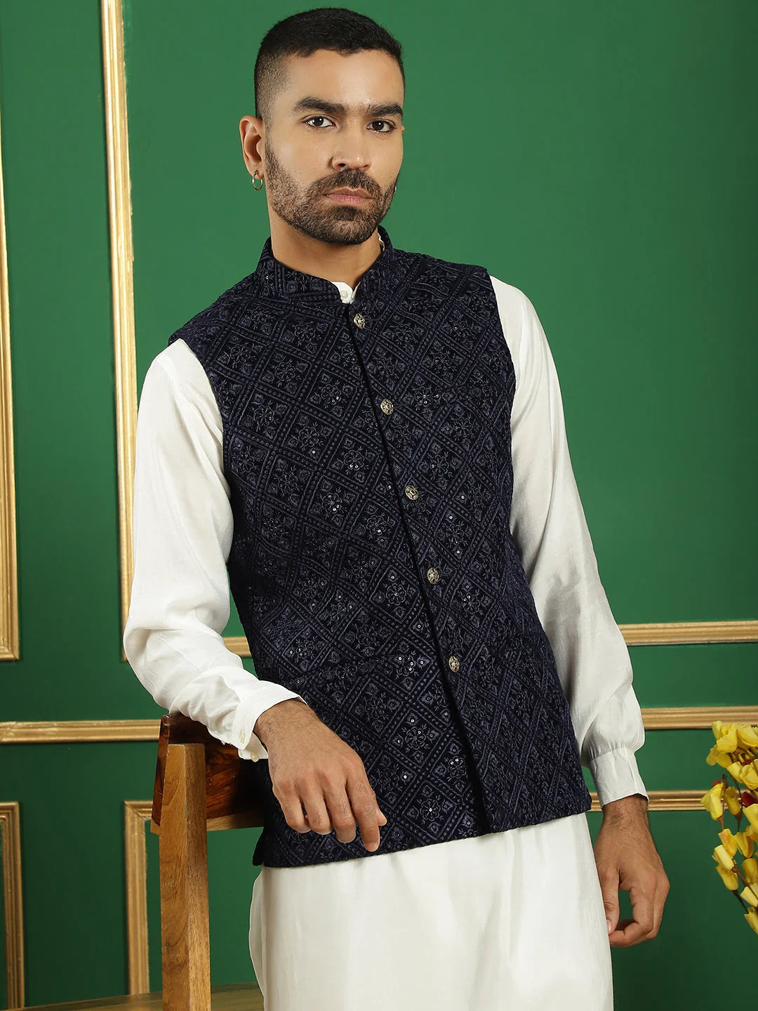 Men's Velvet Nehru Style Jacket With Solid Kurta Pyjama-JOKPWC-592W