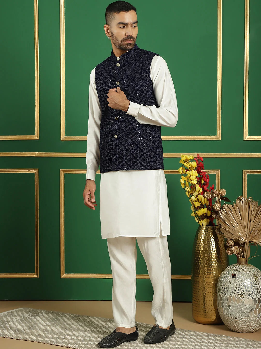 Navy Velvet Nehru Style Jacket & Mens Kurta Pajama Set