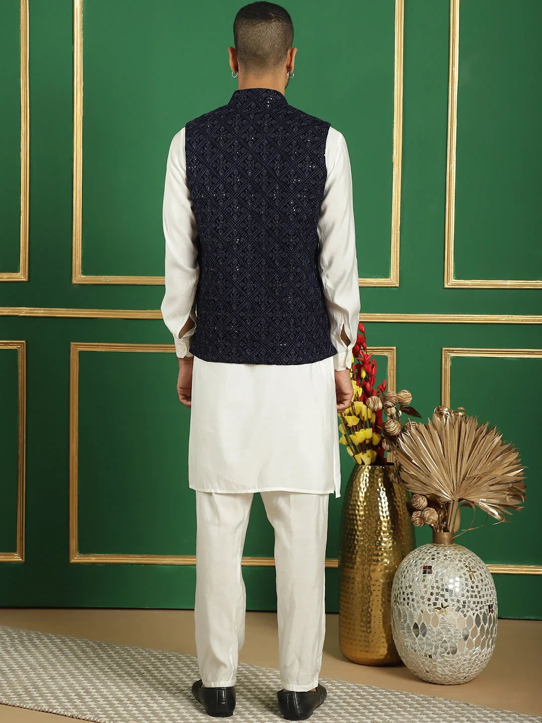Navy Velvet Nehru Style Jacket & Mens Kurta Pajama Set