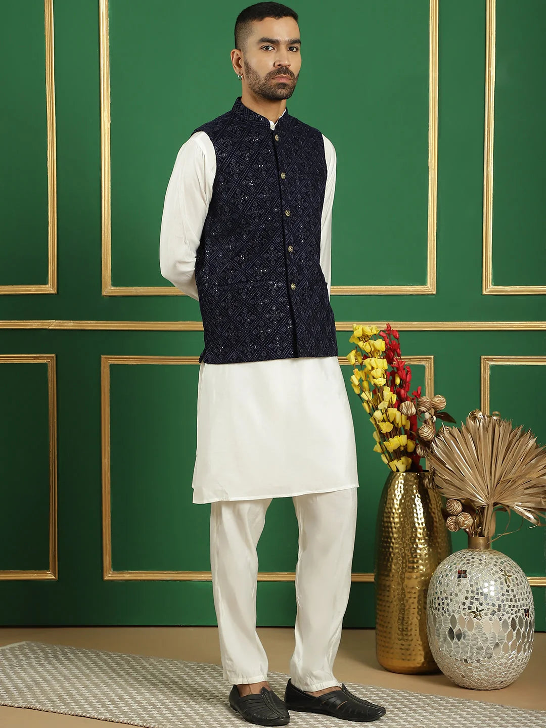 Navy Velvet Nehru Style Jacket & Mens Kurta Pajama Set