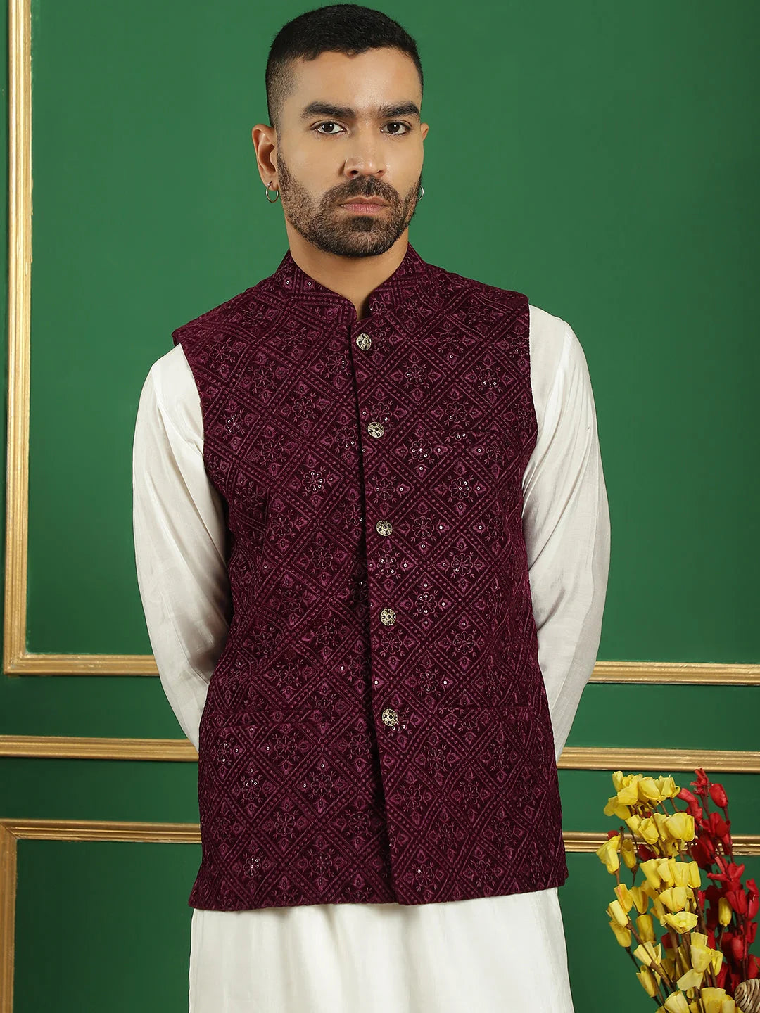 Purple Velvet Nehru Jacket with Mens Kurta Pajama Set