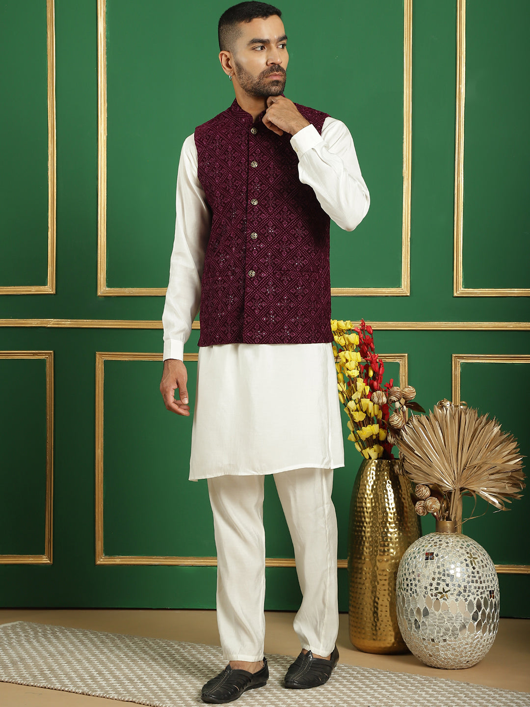 Purple Velvet Nehru Jacket with Mens Kurta Pajama Set