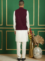 Men's Velvet Nehru Jacket With Solid Kurta Pyjama-JOKPW-592W