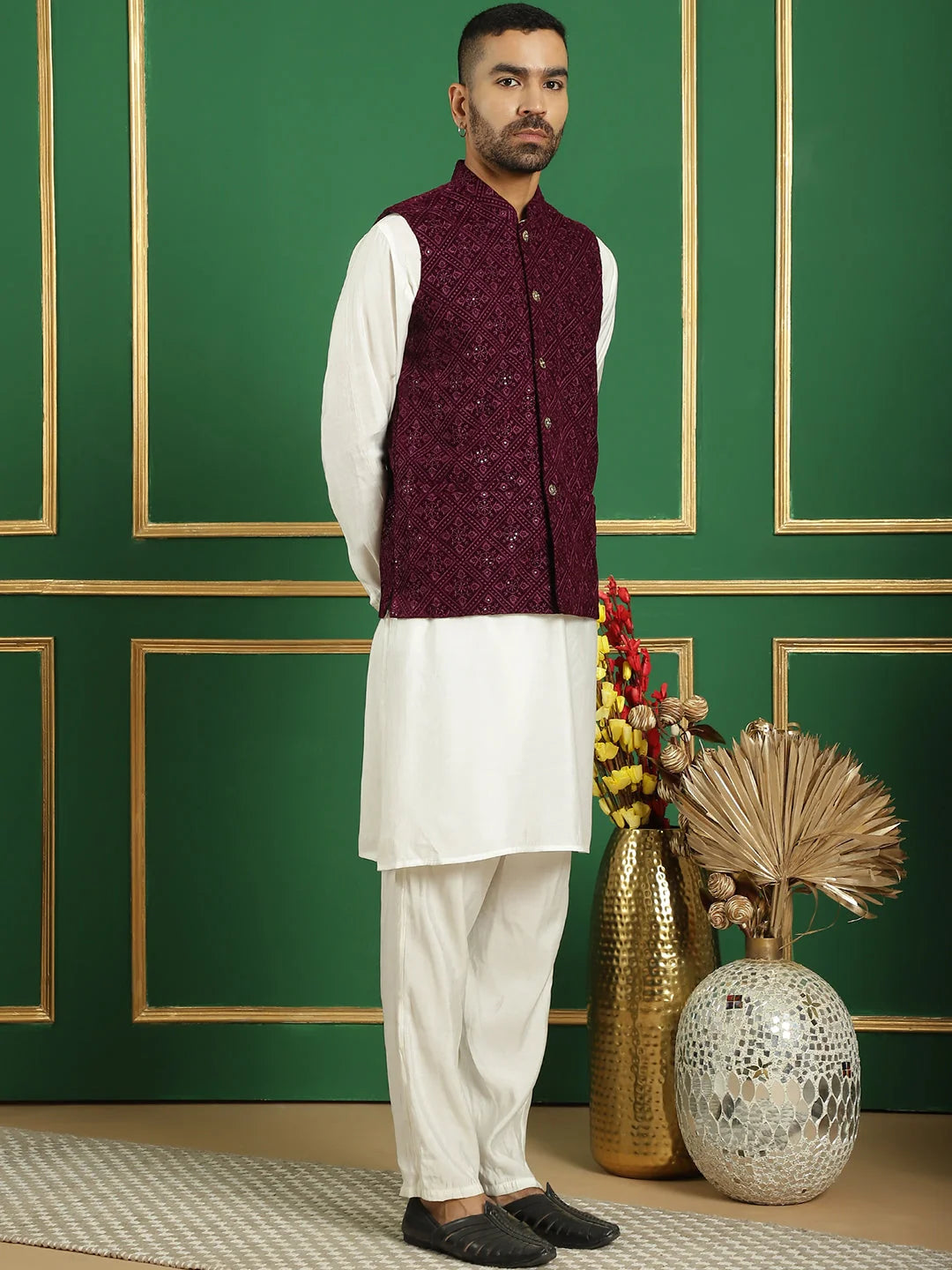 Purple Velvet Nehru Jacket with Mens Kurta Pajama Set