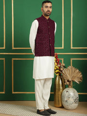 Men's Velvet Nehru Jacket With Solid Kurta Pyjama-JOKPW-592W