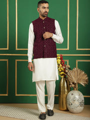 Men's Velvet Nehru Jacket With Solid Kurta Pyjama-JOKPW-592W