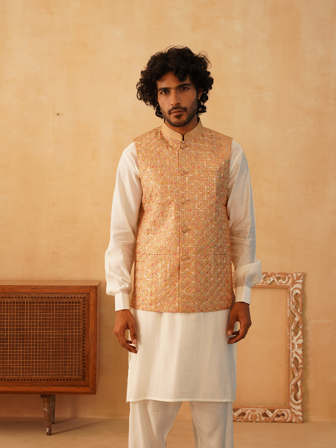 DesiQlo Men Embroidered Nehru Jacket and Kurta Pyjama S - JO 4brown