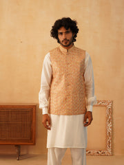 Embroidered Nehru Jacket With Solid Kurta Pyjama Set ( JOKPWC 592W 4104Brown )
