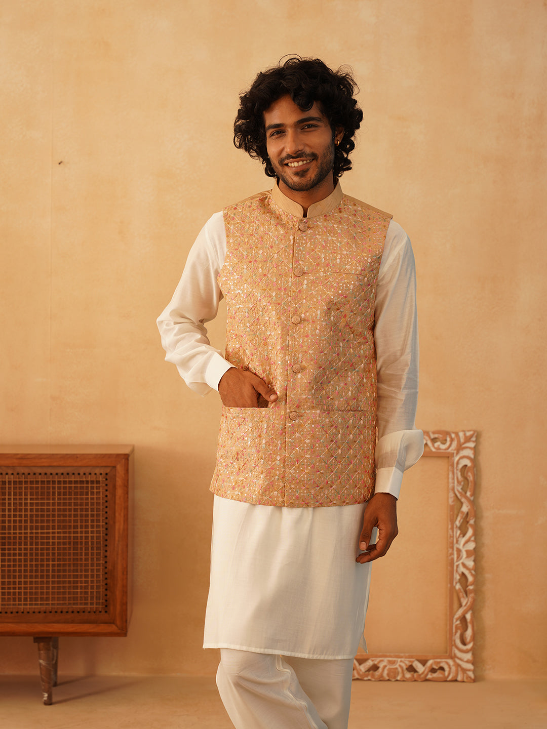 DesiQlo Men Embroidered Nehru Jacket and Kurta Pyjama S - JO 4brown