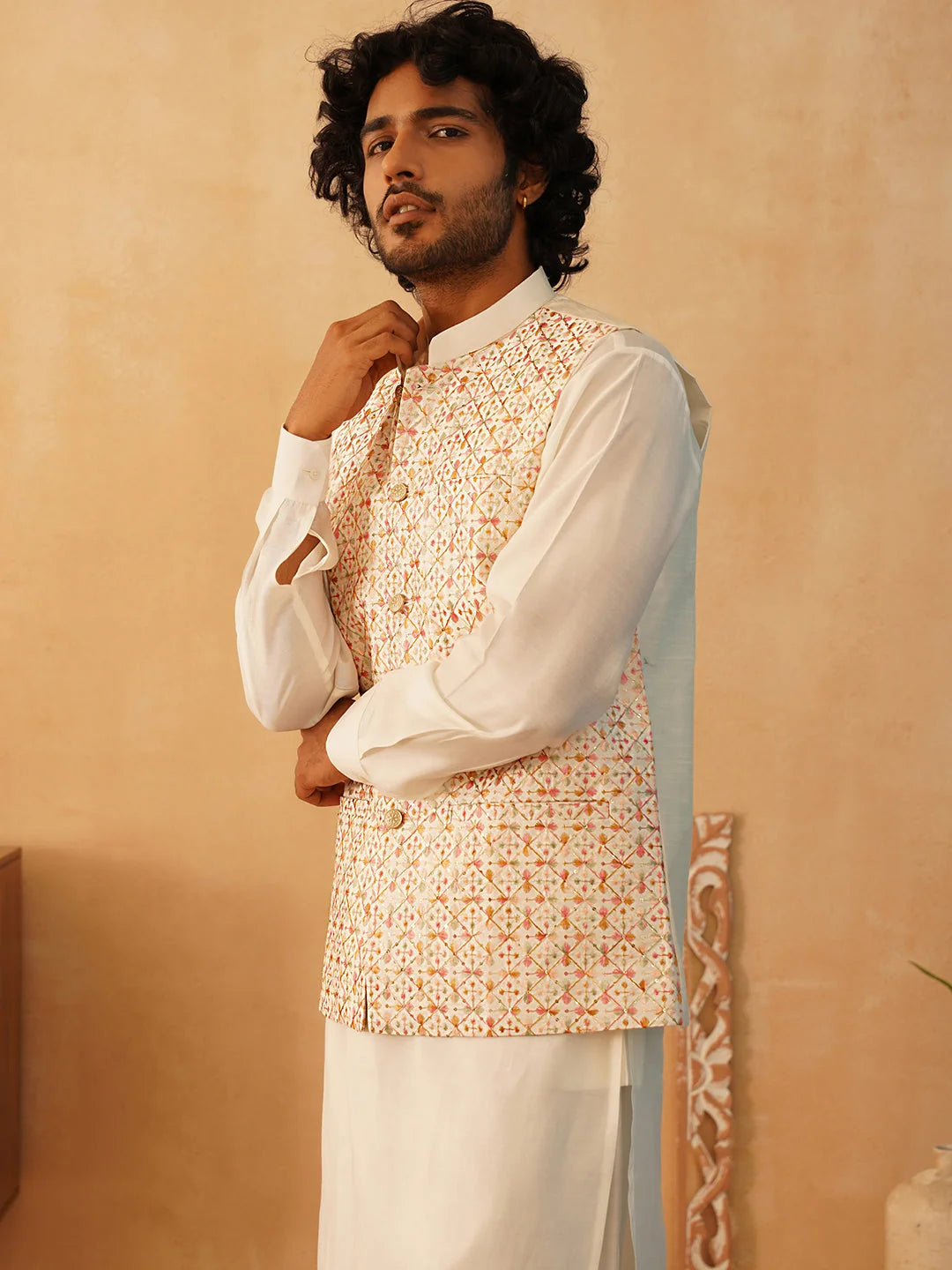 Embroidered Nehru Jacket With Solid Kurta Pyjama Set-JOKPWC-592W