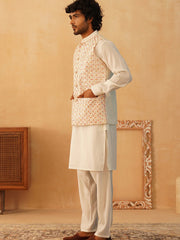 Embroidered Nehru Jacket With Solid Kurta Pyjama Set-JOKPWC-592W