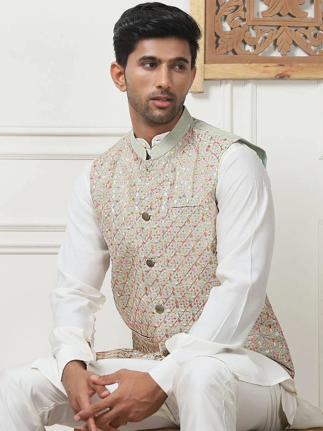 Pista Green Sequin Silk Nehru Jacket | Nehru Jacket Wedding