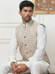 Embroidered With Sequin Silk Blend Nehru Jacket-JOWC-4104Pista