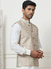 Embroidered With Sequin Silk Blend Nehru Jacket-JOWC-4104Pista