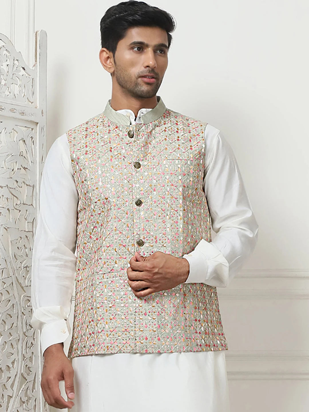 Pista Green Sequin Silk Nehru Jacket | Nehru Jacket Wedding