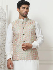 Embroidered With Sequin Silk Blend Nehru Jacket-JOWC-4104Pista