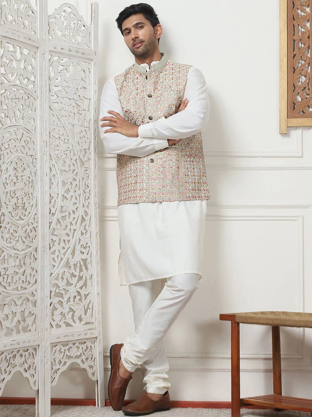 Pista Green Sequin Silk Nehru Jacket | Nehru Jacket Wedding