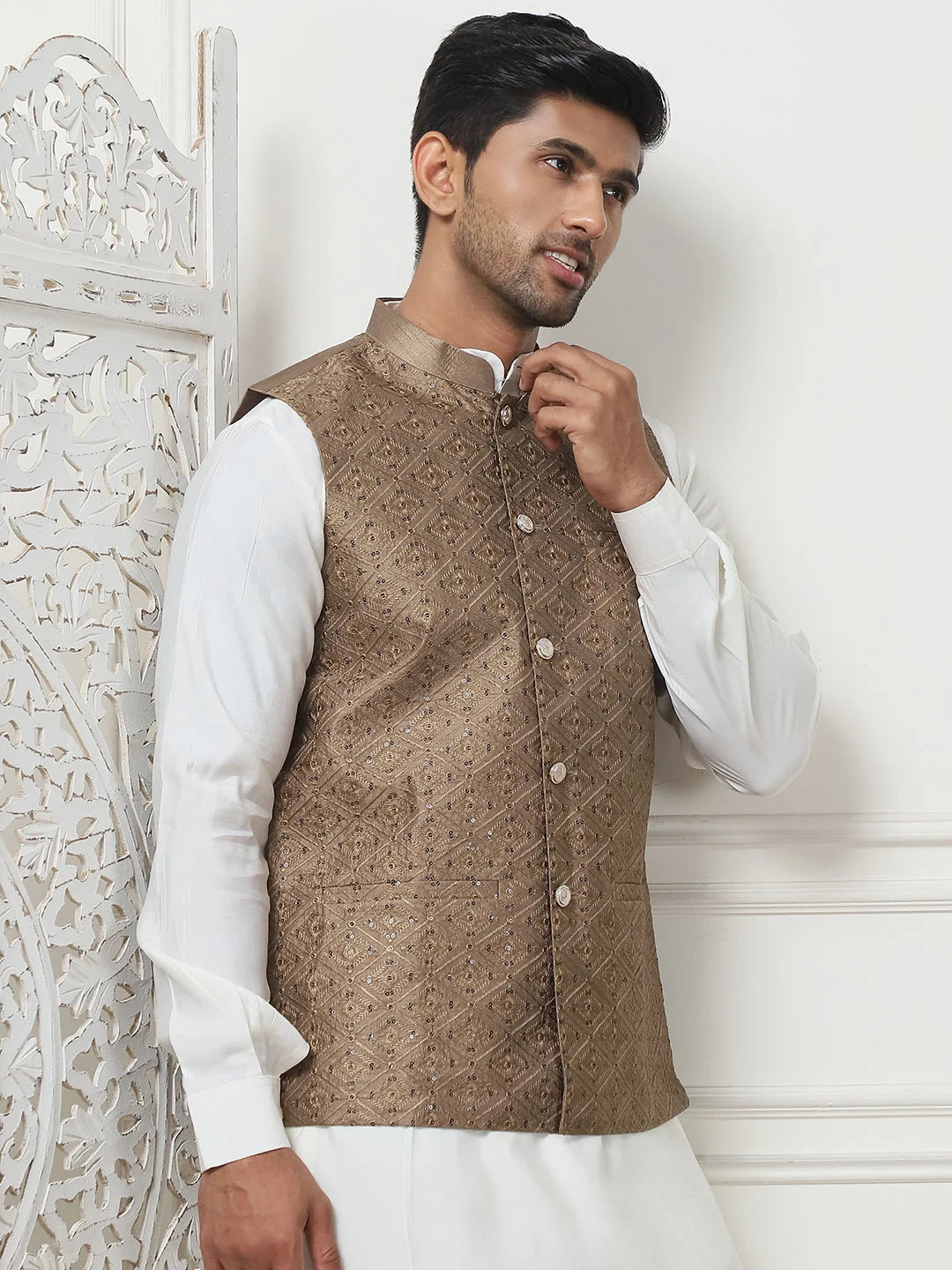 Bronze Embroidered Nehru Jacket Mens Kurta Pajama Set