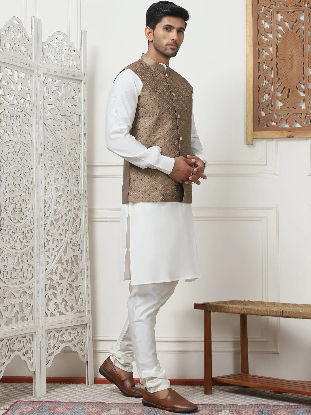 Bronze Embroidered Nehru Jacket Mens Kurta Pajama Set
