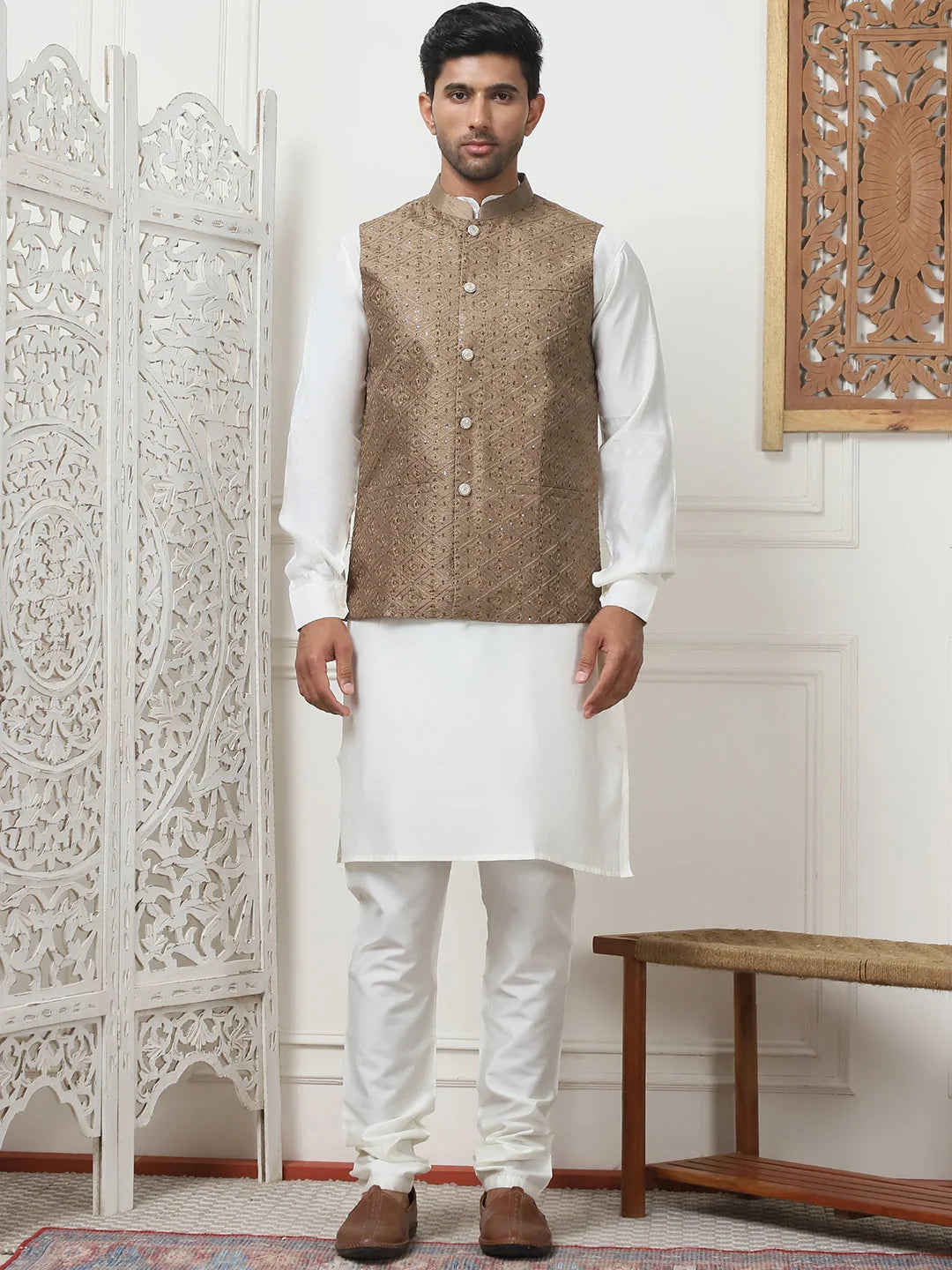 Bronze Embroidered Nehru Jacket Mens Kurta Pajama Set