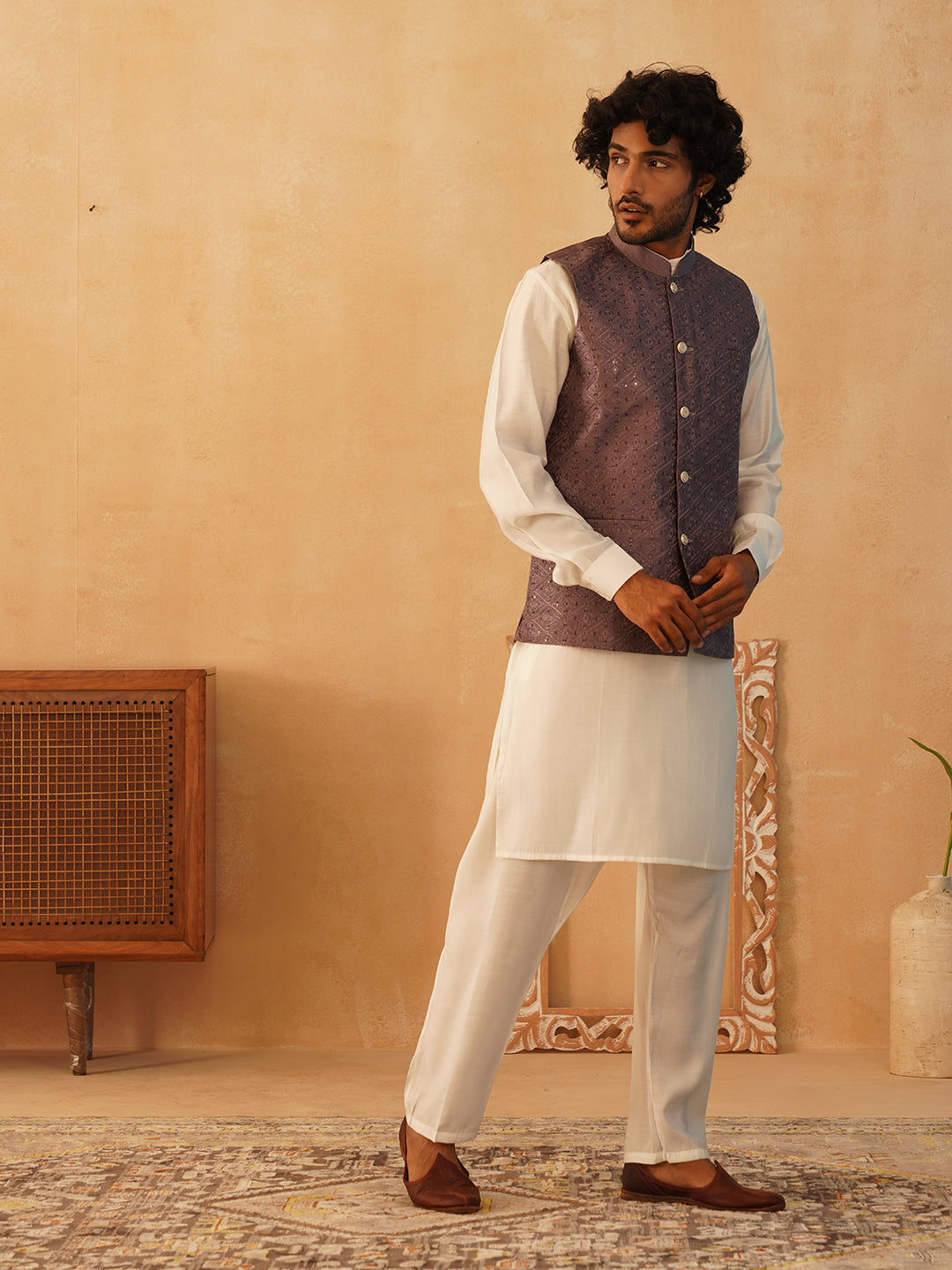 DesiQlo Men Embroidered Nehru Jacket and Kurta Pyjama S - JO purp 5