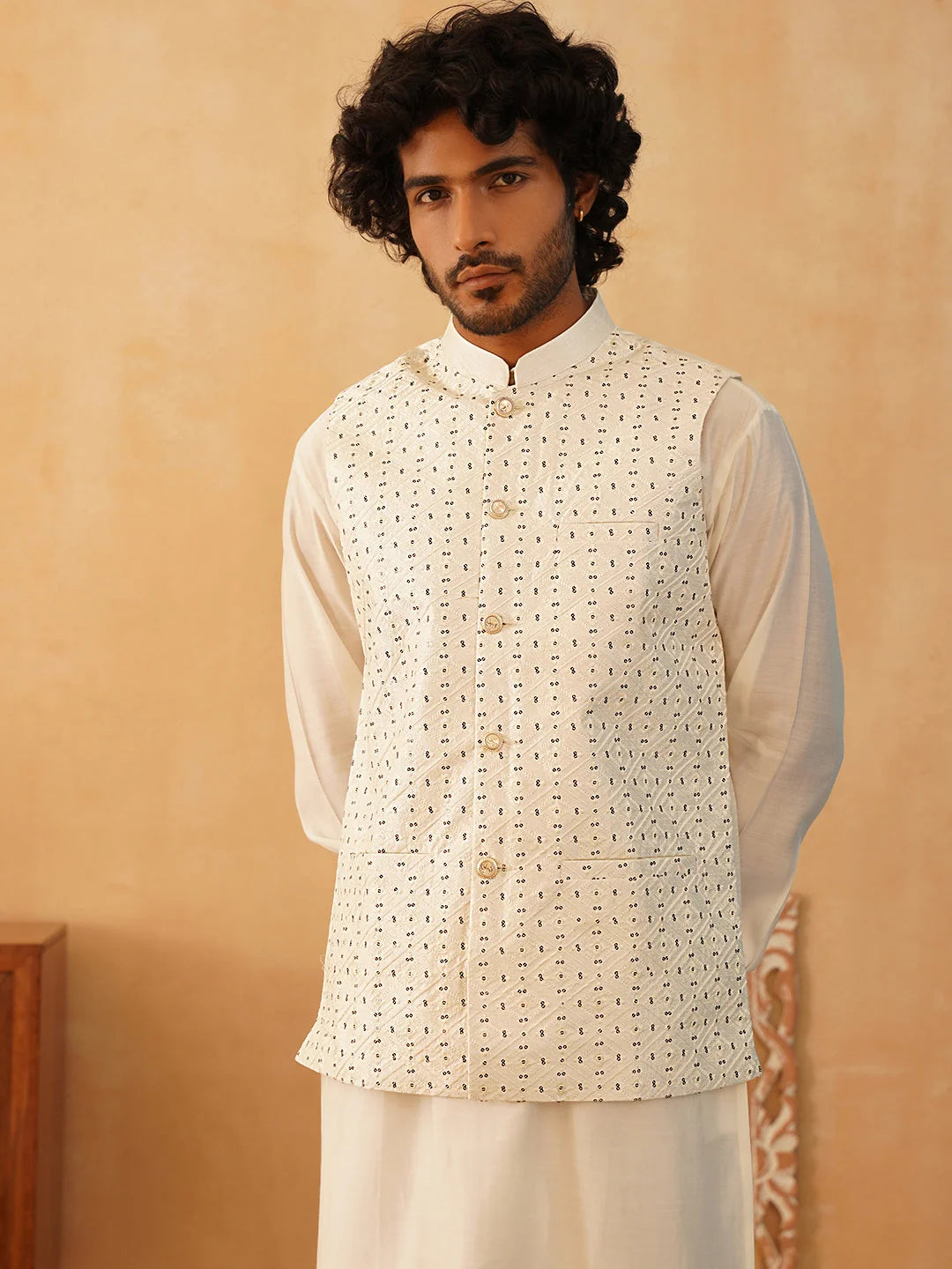White Embroidered Nehru Jacket Mens Kurta Pajama Set - Style 1
