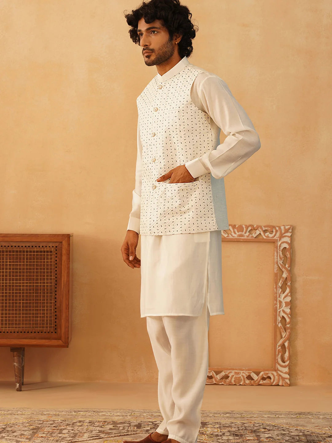 White Embroidered Nehru Jacket Mens Kurta Pajama Set - Style 1