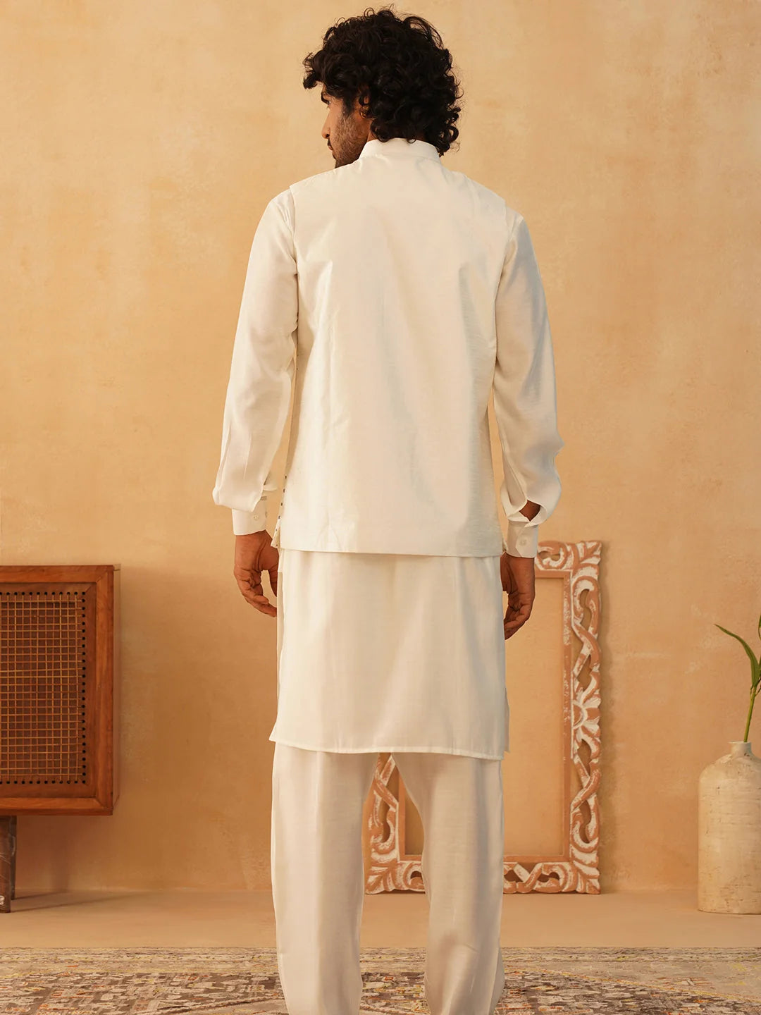 White Embroidered Nehru Jacket Mens Kurta Pajama Set - Style 1