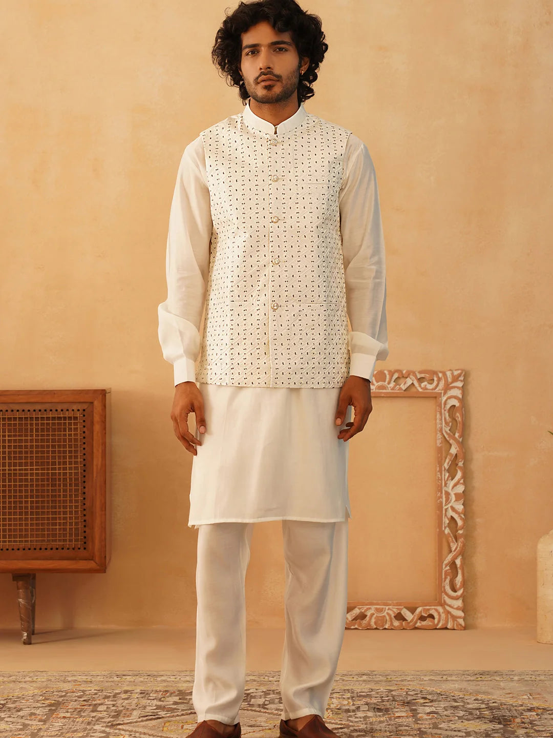 White Embroidered Nehru Jacket Mens Kurta Pajama Set - Style 1