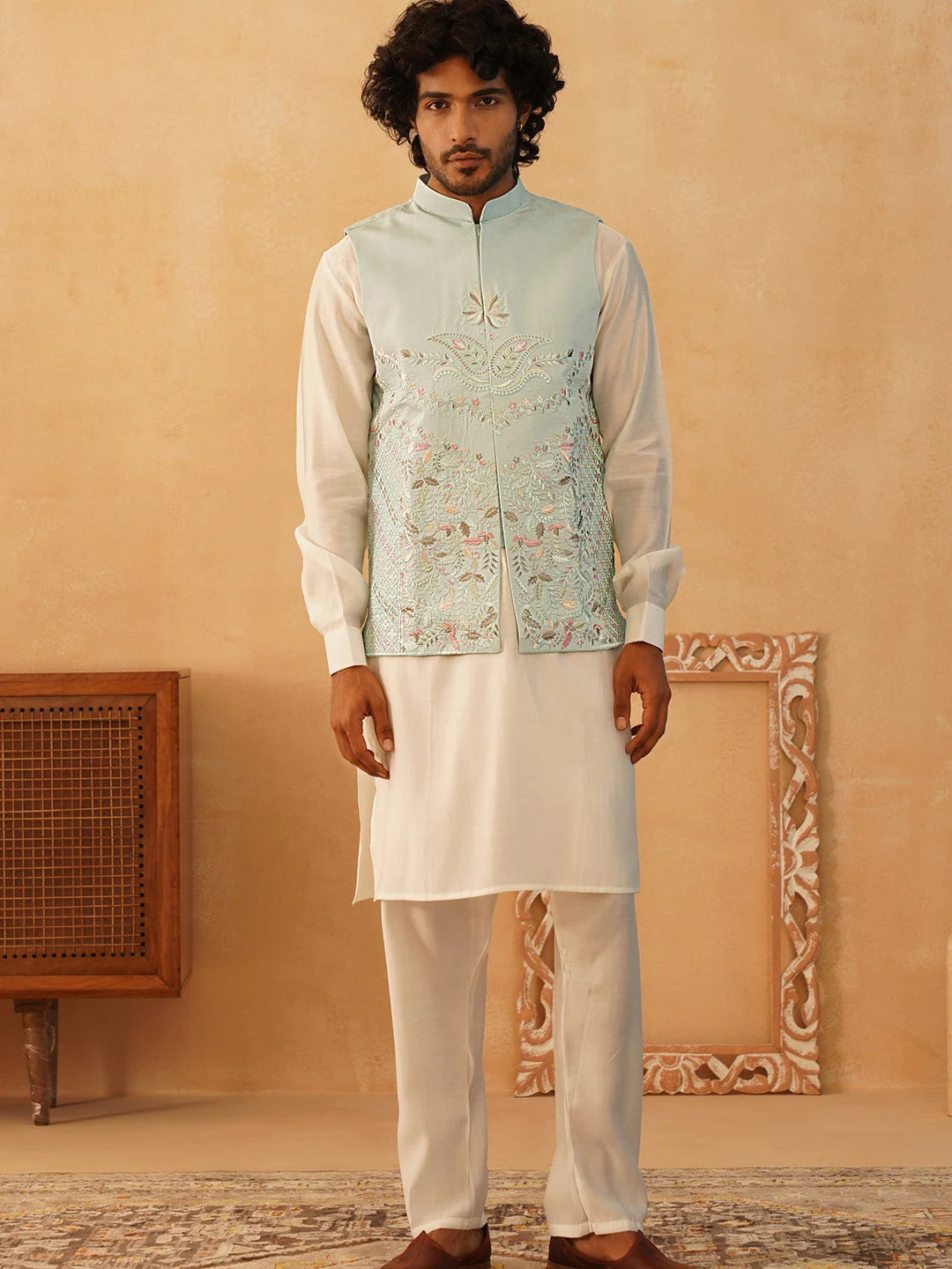 Sky Embroidered Nehru Jacket Kurta Pajama Set | Silk Blend