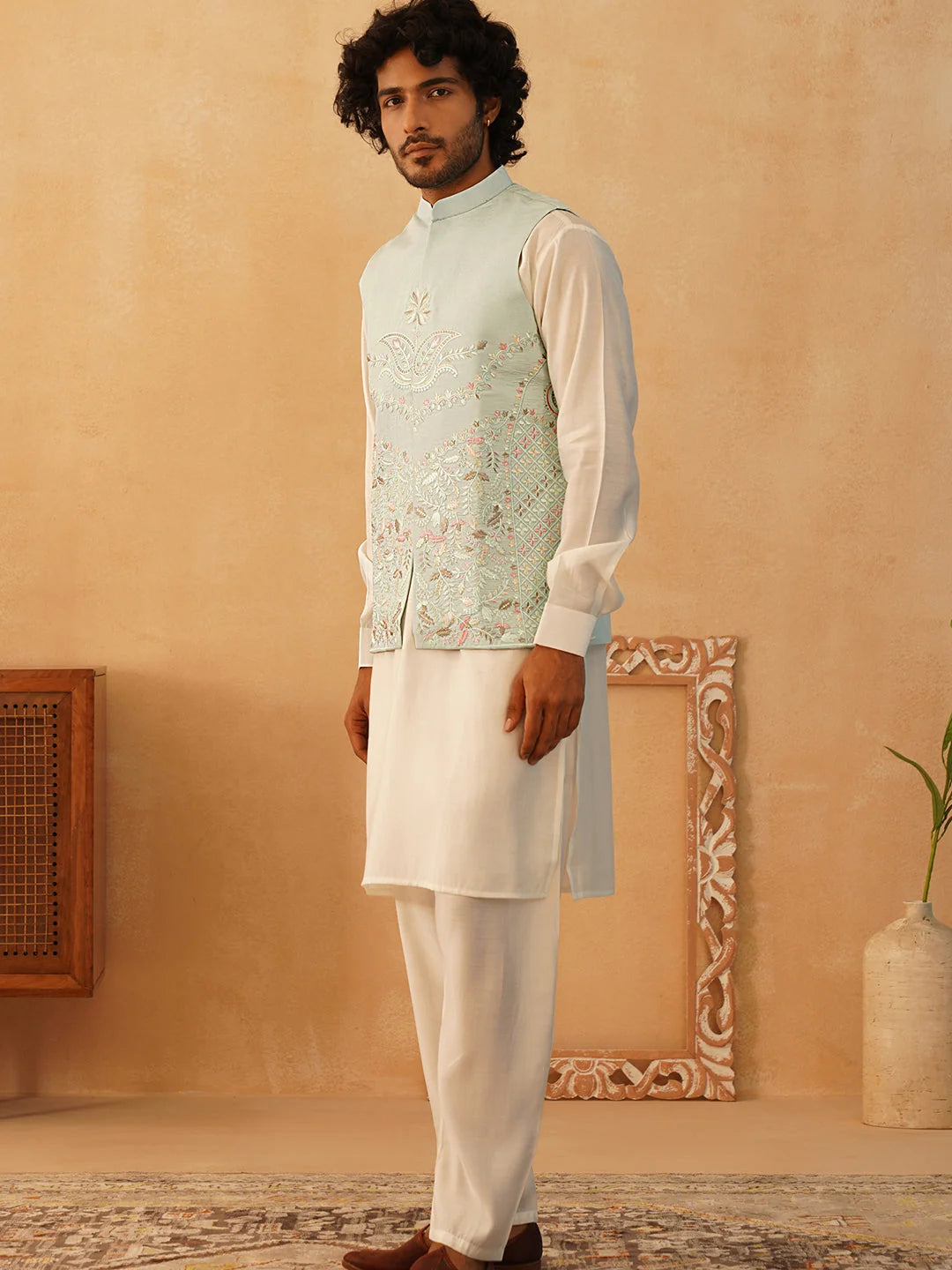 Sky Embroidered Nehru Jacket Kurta Pajama Set | Silk Blend