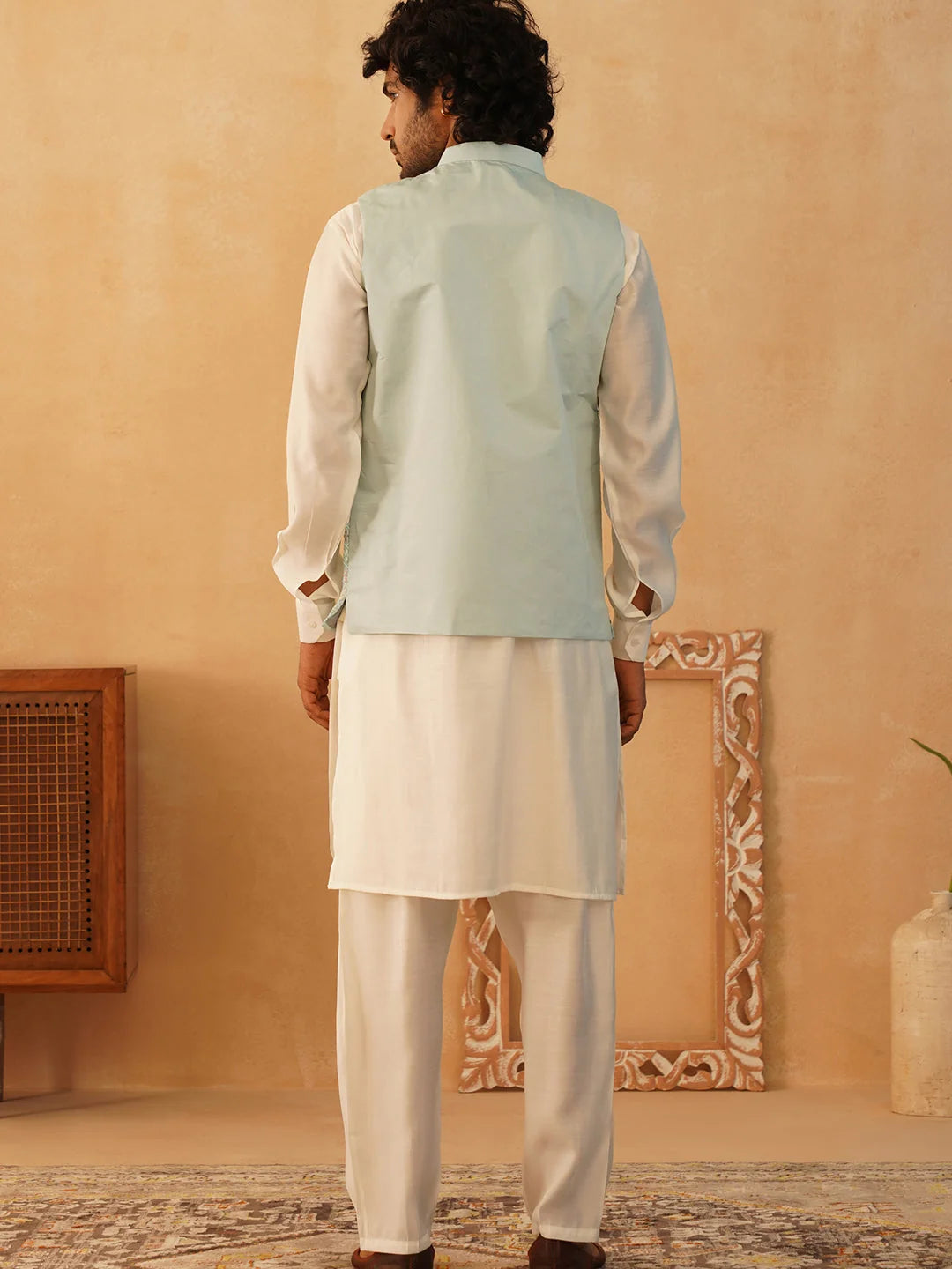 Sky Embroidered Nehru Jacket Kurta Pajama Set | Silk Blend