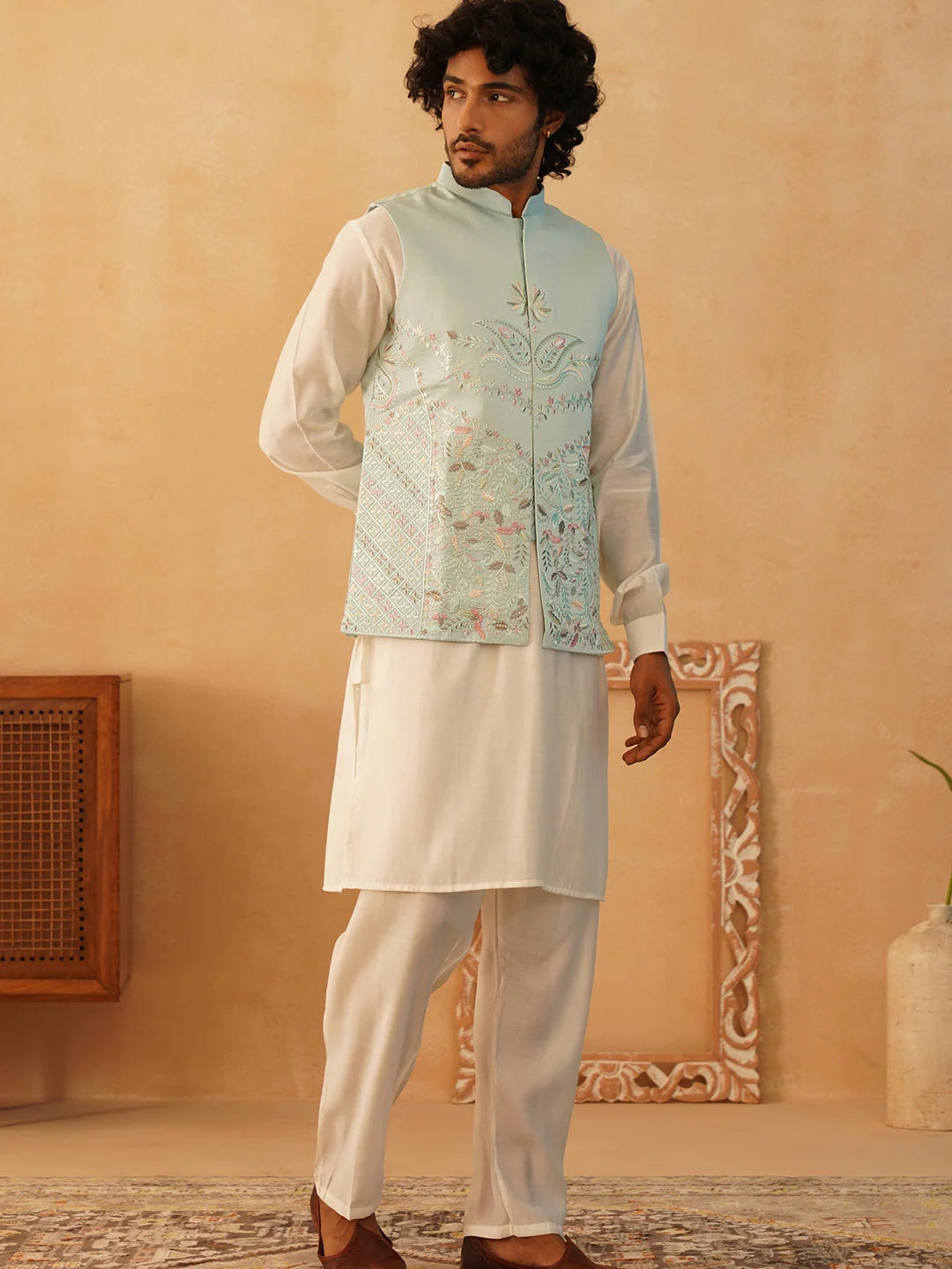 Sky Embroidered Nehru Jacket Kurta Pajama Set | Silk Blend