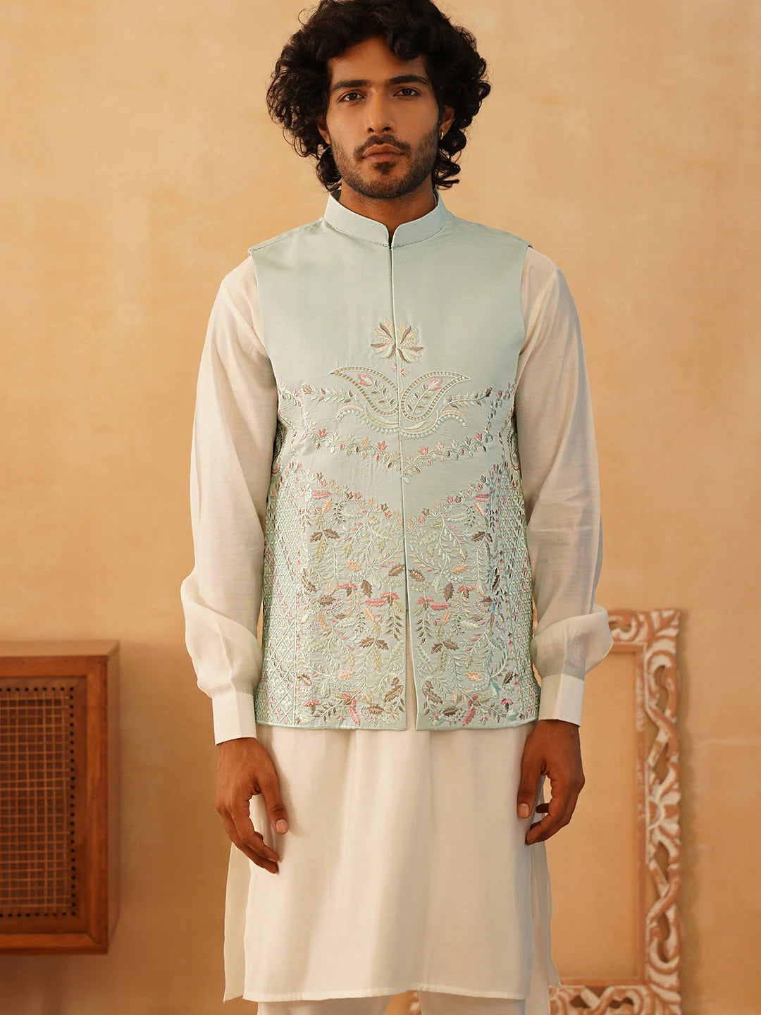 Sky Embroidered Nehru Jacket Kurta Pajama Set | Silk Blend