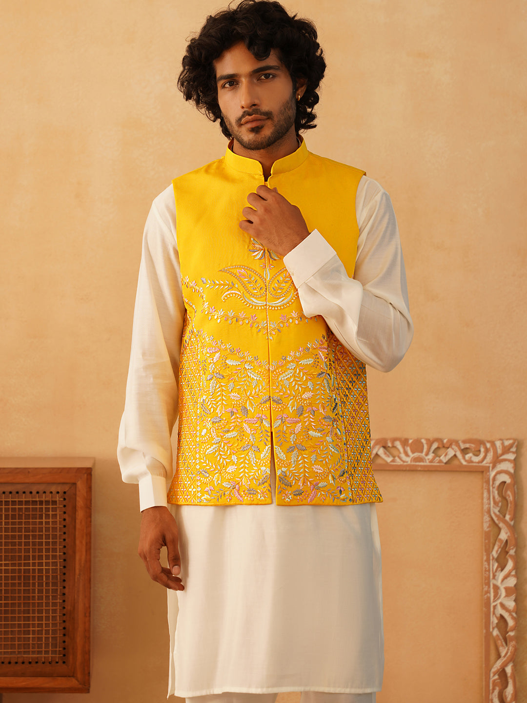 Embroidered Nehru Jacket With Solid Kurta Pyjama Set-JOUKPC-592W