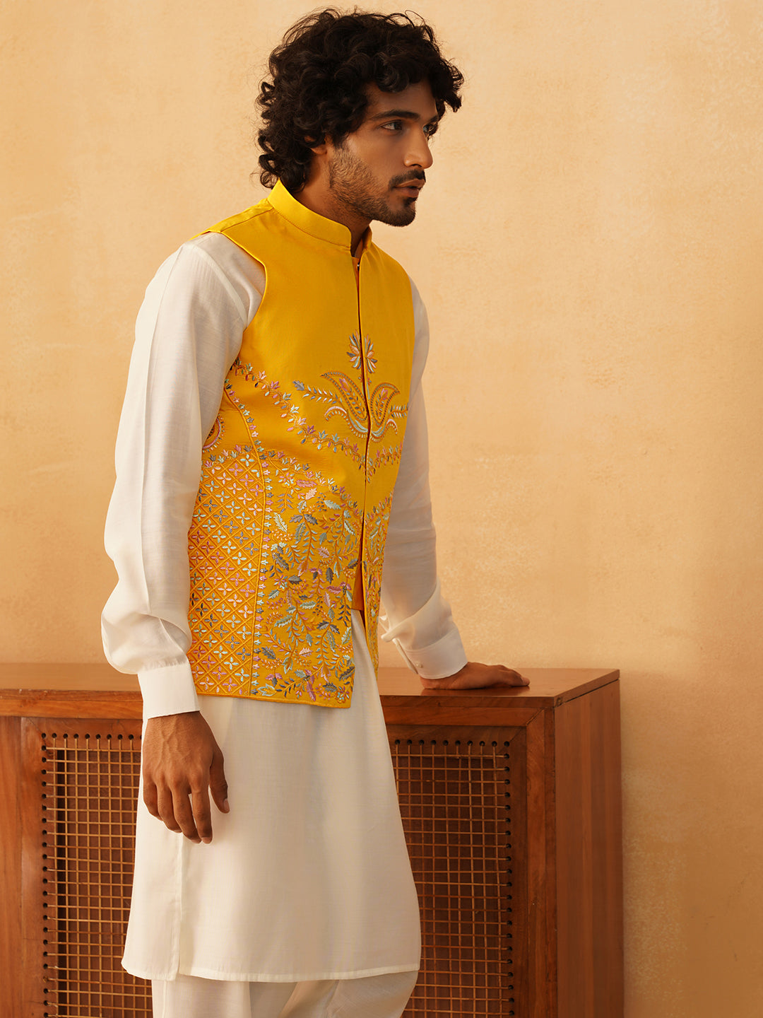 Embroidered Nehru Jacket Kurta Pajama Set | Yellow Silk Blend