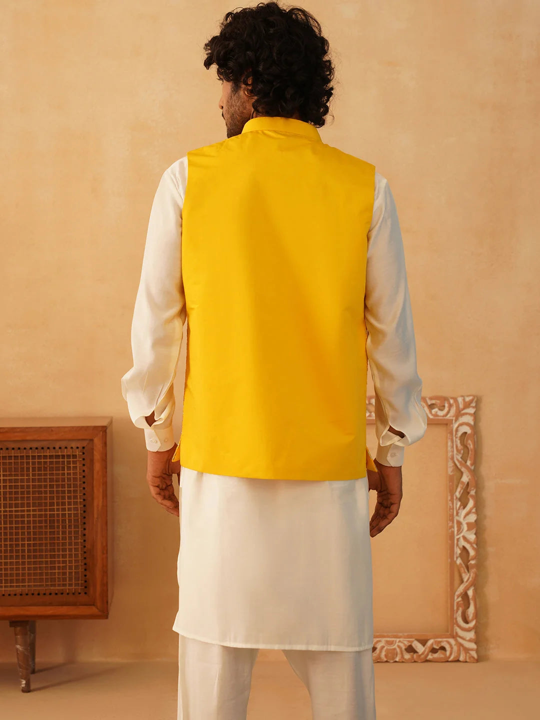 Embroidered Nehru Jacket Kurta Pajama Set | Yellow Silk Blend