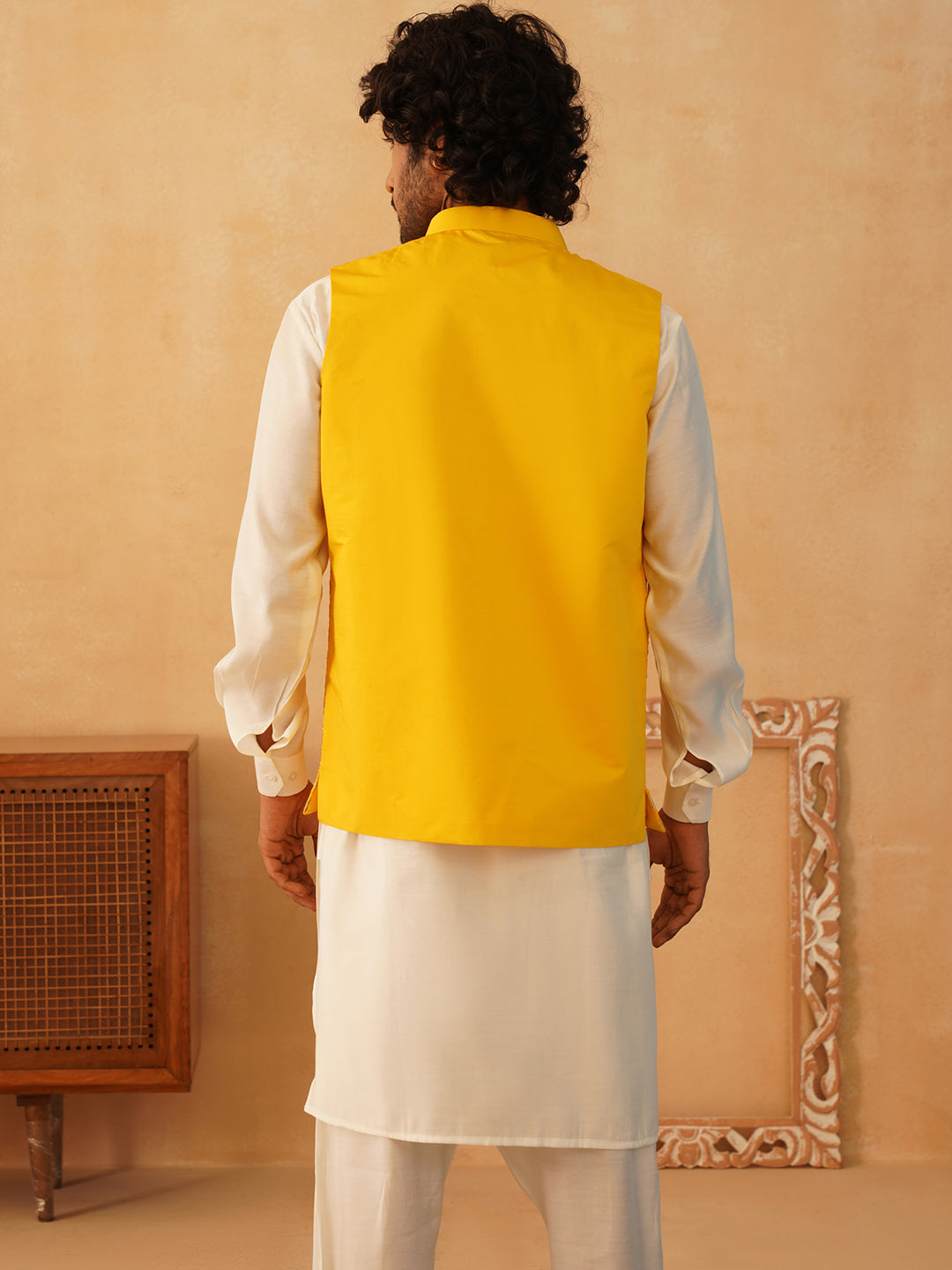 Embroidered Nehru Jacket Kurta Pajama Set | Yellow Silk Blend