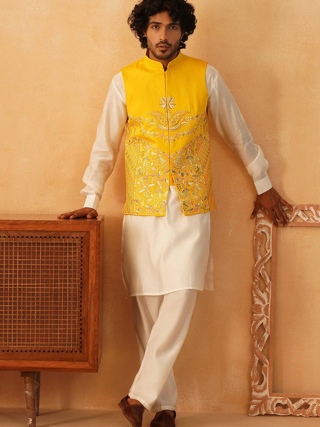 Embroidered Nehru Jacket Kurta Pajama Set | Yellow Silk Blend