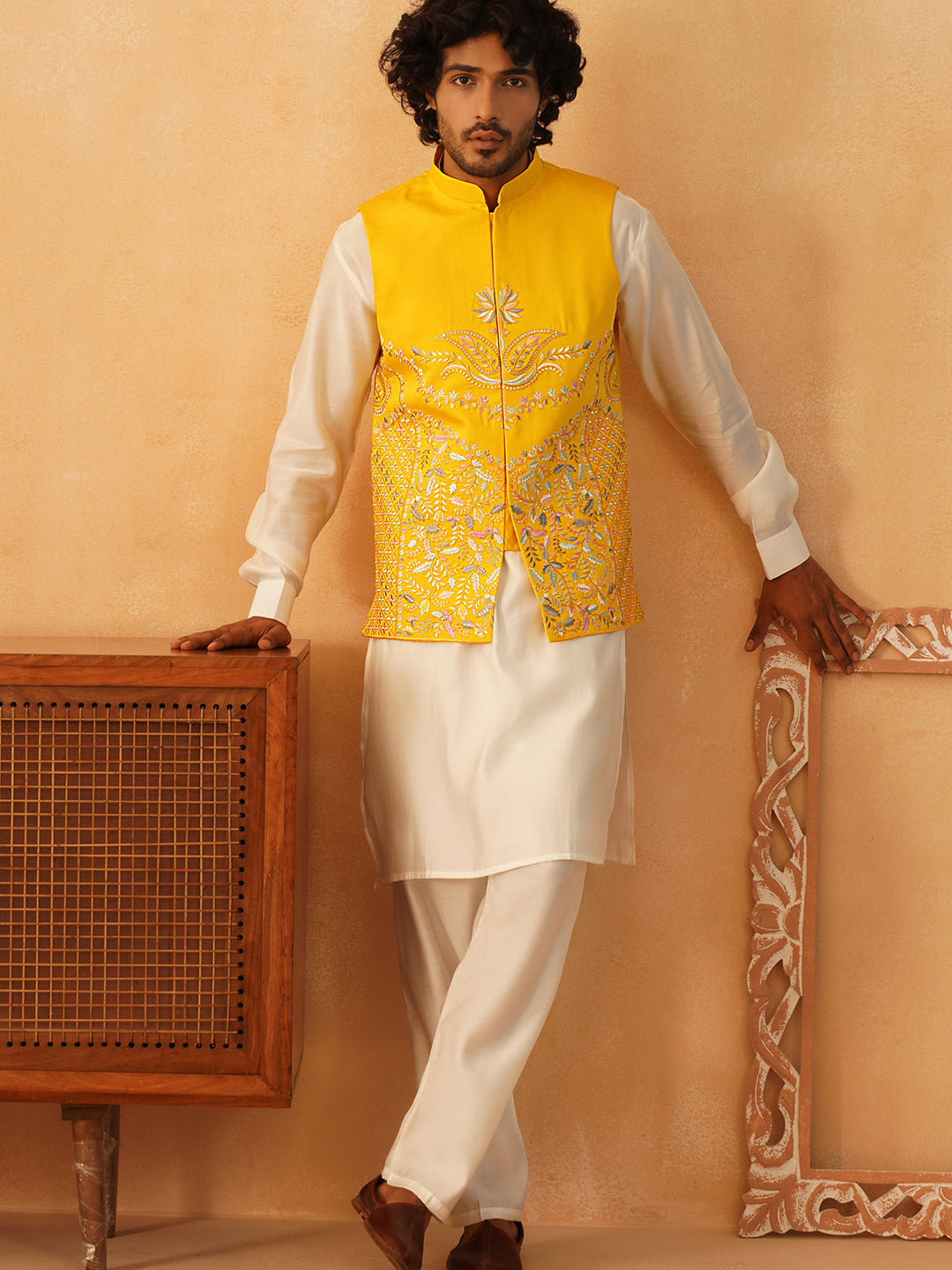Embroidered Nehru Jacket Kurta Pajama Set | Yellow Silk Blend