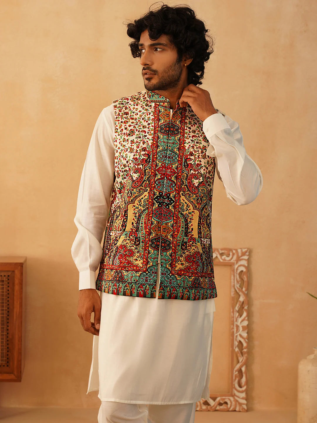 Paisley Printed Nehru Jacket With Solid Kurta Pyjama Set-JOKPWC-592W