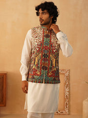 Paisley Printed Nehru Jacket With Solid Kurta Pyjama Set-JOKPWC-592W