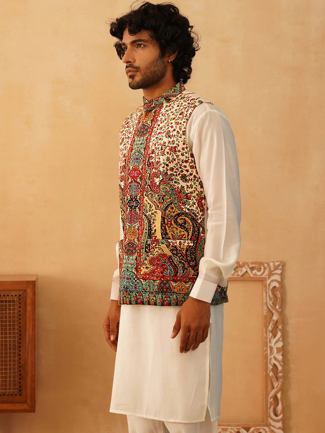Paisley Velvet Nehru Jacket with Mens Kurta Pajama Set - Cream