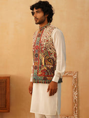 Paisley Printed Nehru Jacket With Solid Kurta Pyjama Set-JOKPWC-592W